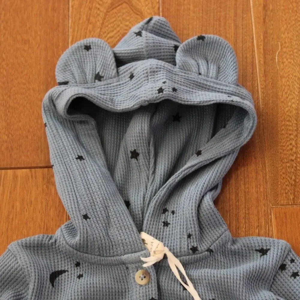 NWT Kate Quinn Star Print Hooded Long Sleeve Waffle Knit Henley Dress Blue 18-24